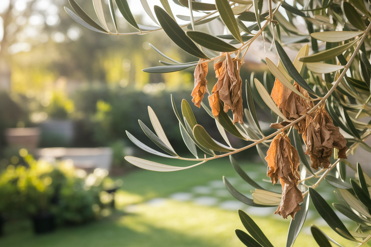 olivier-feuilles-brunes-jardin-ensoleille
