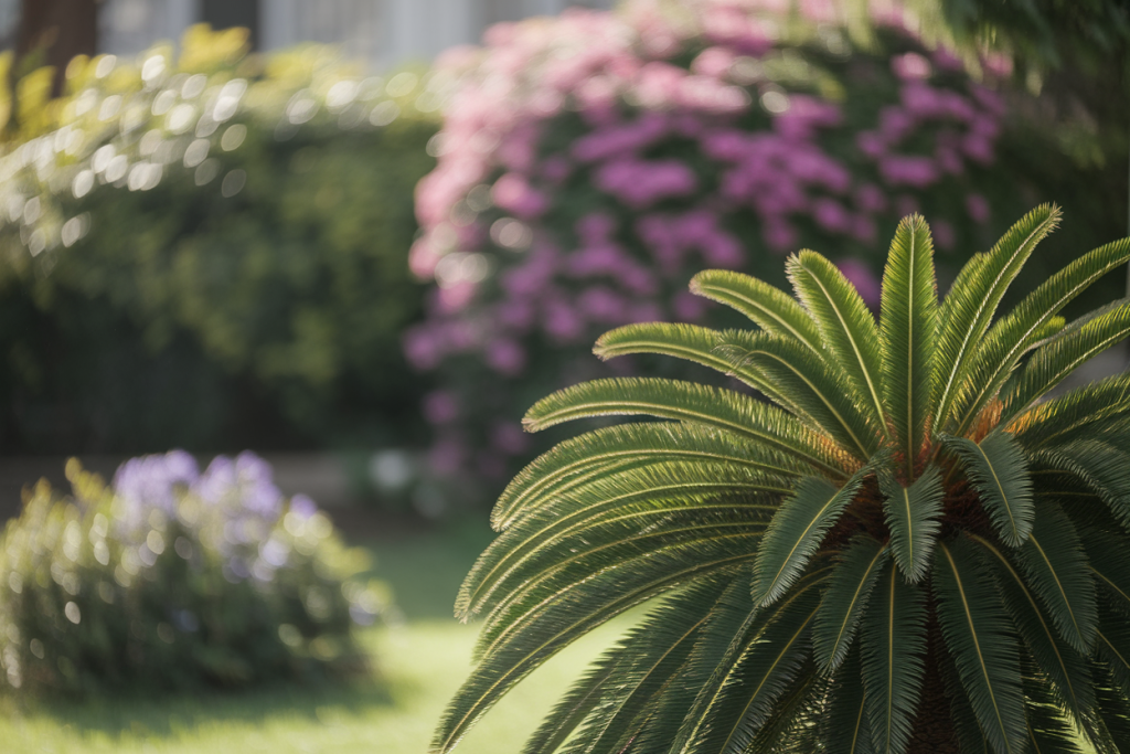 palmier-jardin-ensoleille-feuillage-fleuri